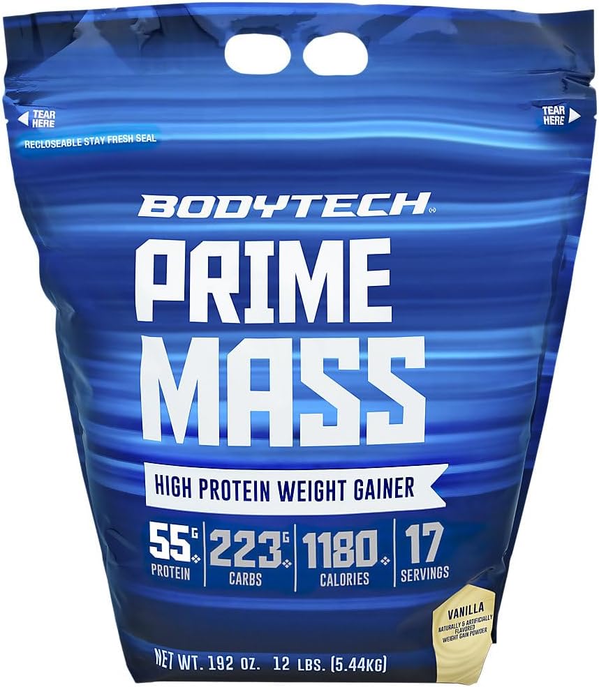 BodyTech Prime Mass Weight Gainer, Vanilla, 55g Protein, 12 lb | 1180 Calories, 223g Carbs, Whey & Casein Blend, BCAAs, Creatine & Glutamine