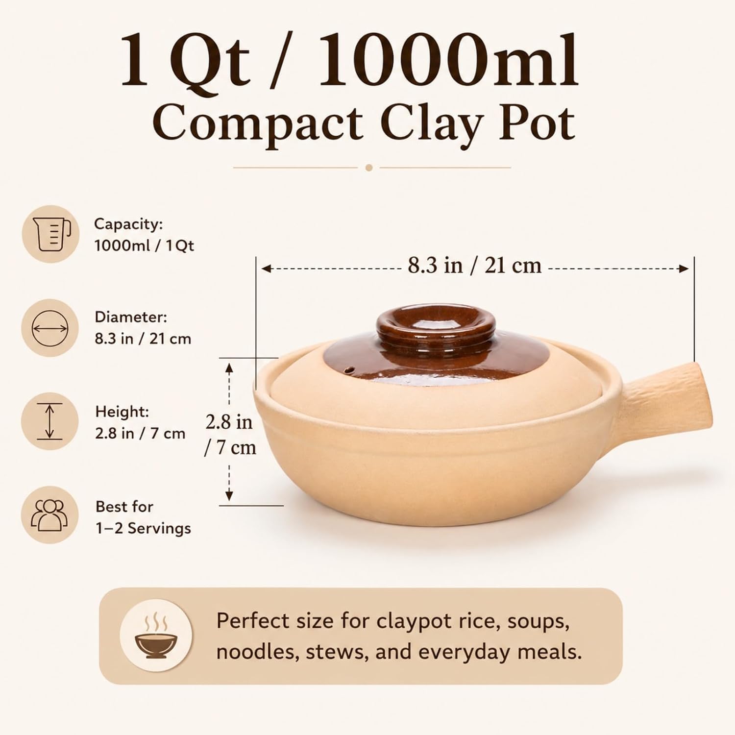 XICHENGSHIDAI Clay Pot for Cooking with Lid and Handle, 1 Qt / 1000ml Ceramic Claypot Rice Pot, Heat-Retaining Asian Casserole Stew Pot for Gas Stove