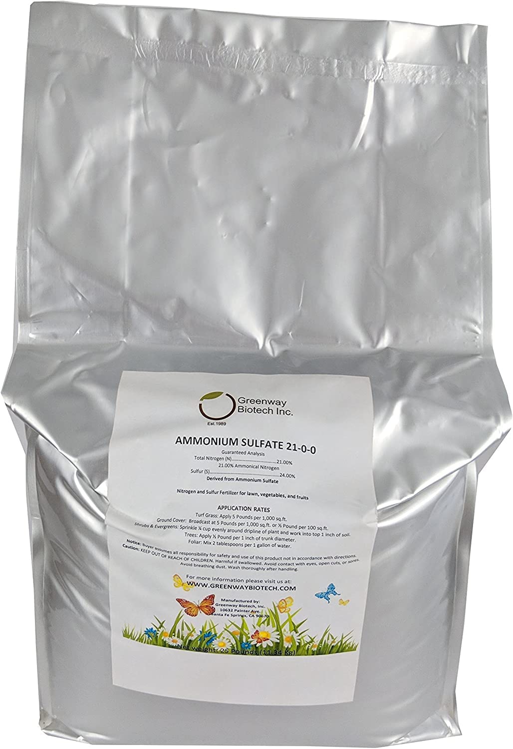 Greenway Biotech, Inc. Ammonium Sulfate 21-0-0 Fertilizer Contains 21% Water Soluble Nitrogen&24% Sulfur Suitable for Acid Loving Plant- Lawn Fertilizers to Lower pH Level in Alkaline Soil (25 Pound)