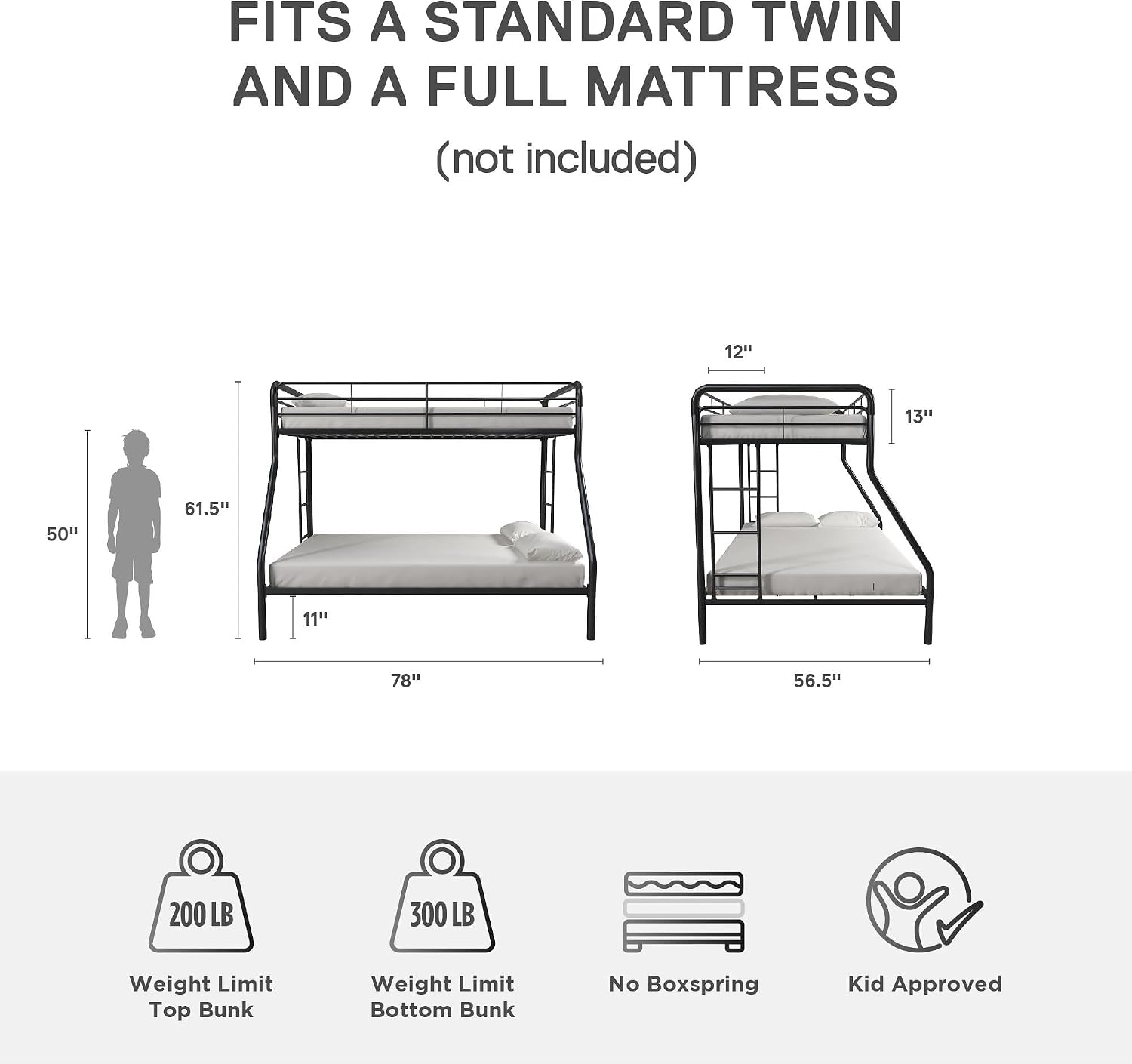 DHP Twin-Over-Futon Convertible Couch and Bed with Metal Frame, Ladder and Guardrails - Black