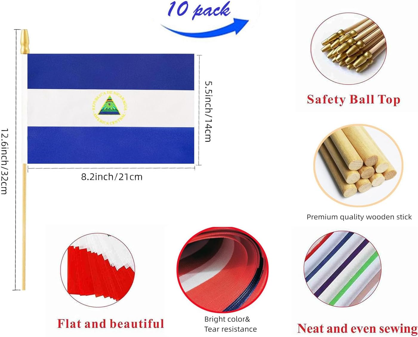 10 Pack Nicaragua Flags -NI Handheld Flag- 5x8 in, Nicaraguans Mini Flag. Suitable For Party Decorations, Store Displays