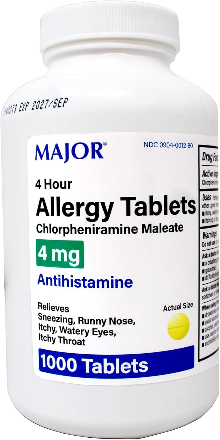 Major Allergy Tablets, Chlorpheniramine Maleate 4 mg, Antihistamine 4 Hour, 1000 Tablets