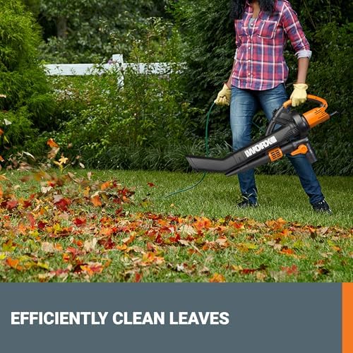 WORX Trivac 3-in-1 Electric Leaf Blower/Leaf Vacuum/Leaf Mulcher, WG509 | 350CFM & 210MPH Airflow, 18:1 Mulch Ratio for Efficient Leaf Removal, Corded