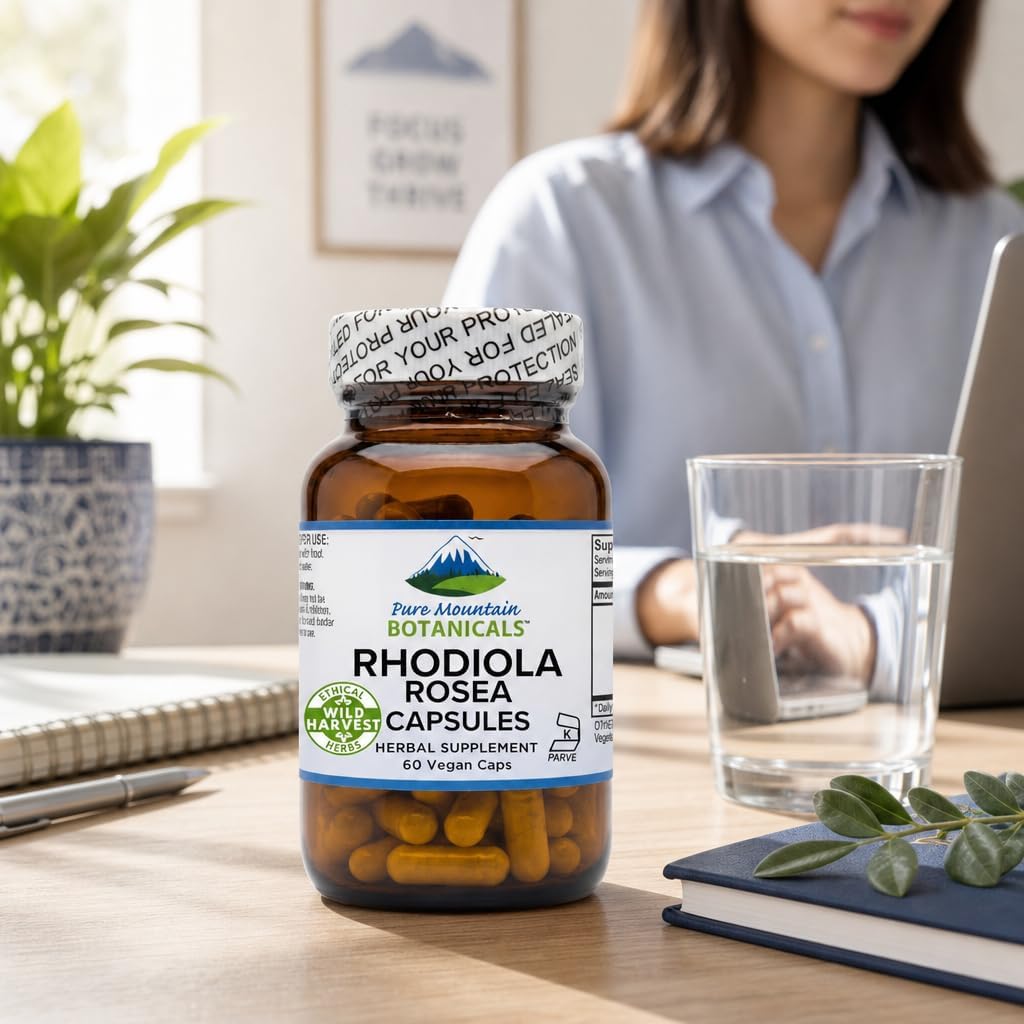 Pure Mountain Botanicals Rhodiola Rosea Supplement - 60 Capsules 250mg - Root Extract Standardized 3% Rosavins 1% Salidroside - Vegan Kosher Gluten