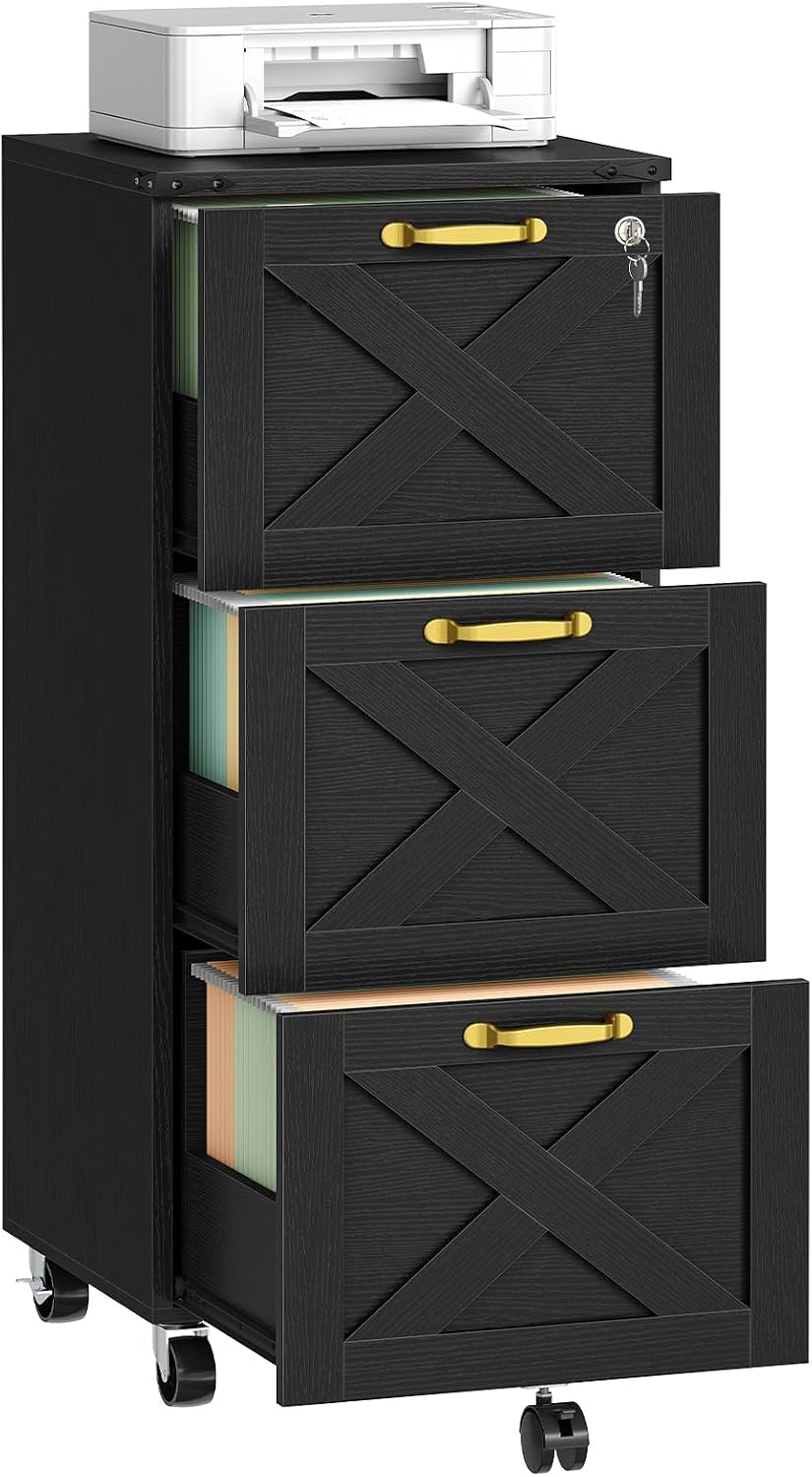 HOOBRO 3 Drawer File Cabinet with Lock, Mobile Filing Cabinet for Home Office, Wooden Farmhouse Office Storage Cabinet, Printer Stand Fits Letter and A4 Size, Walnut and White WH93WJ01G1