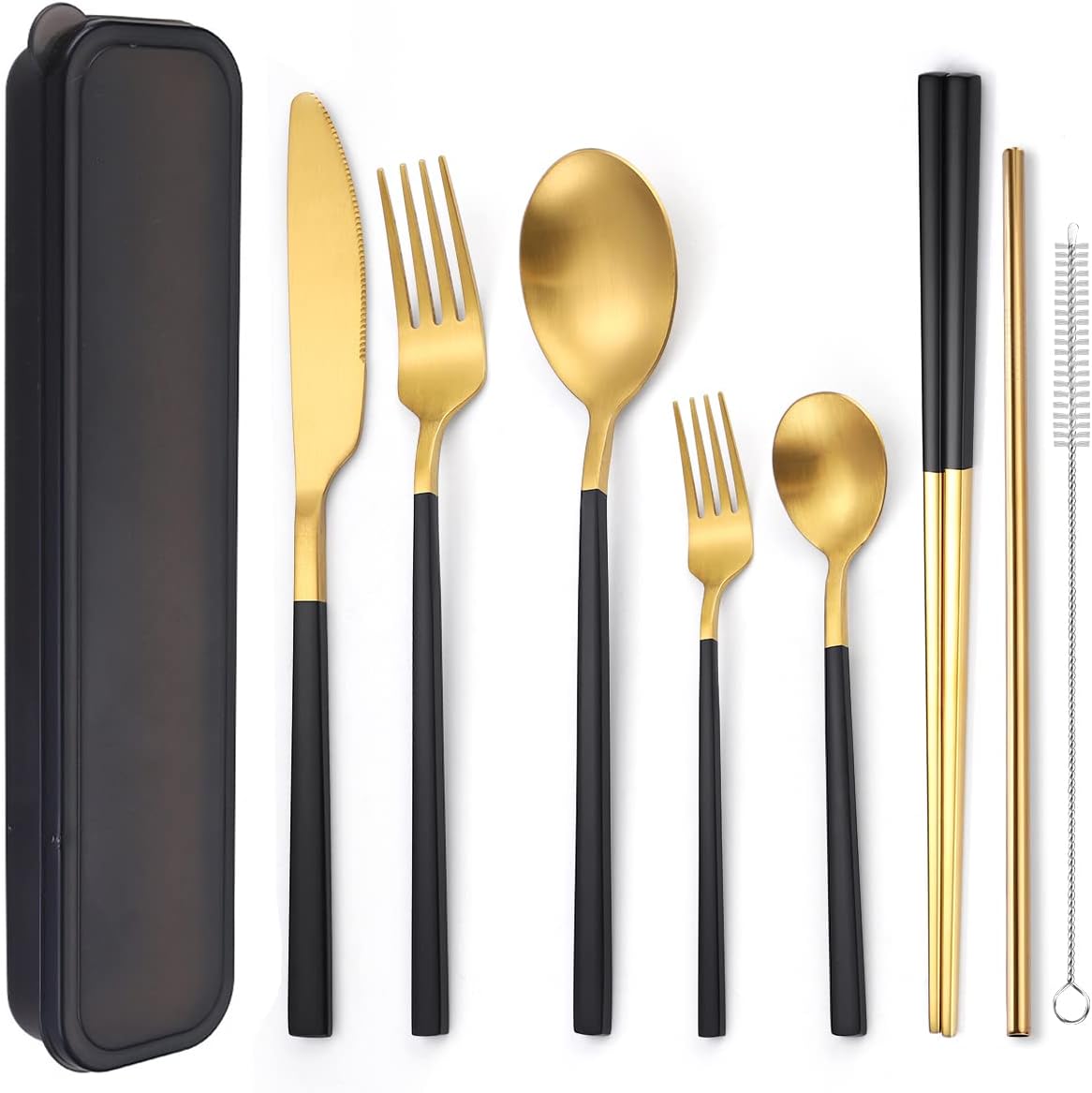 AARAINBOW 6 Pieces 18/8 Stainless Steel Flatware Set Portable Reusable Cutlery Set Travel Utensils Set Including Chopsticks Knife Fork Spoon Straws