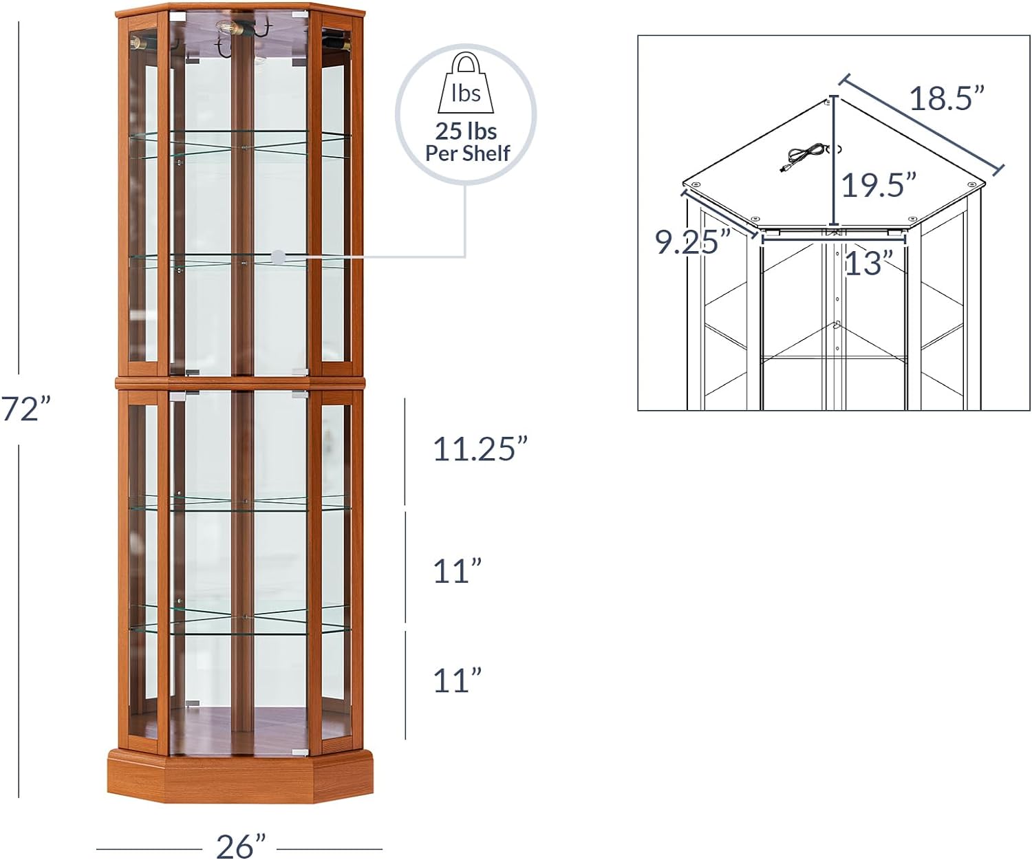 BELLEZE Lighted Corner Display Curio Cabinet Wooden Curved Shelving Unit with Tempered Glass Door