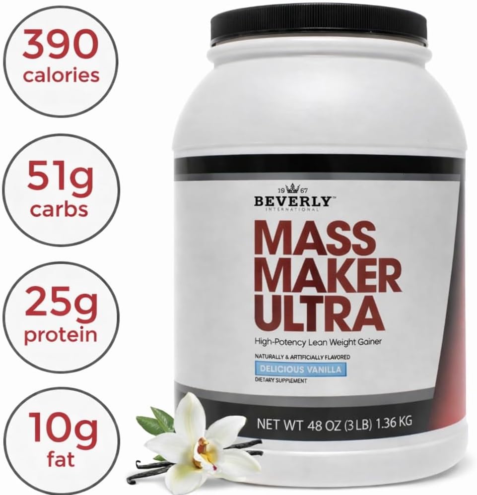Beverly International Mass Maker Ultra, Vanilla, 14 Servings, 3 lb | Build Lean Mass, Milk Protein Isolate, Whey Protein Isolate + Egg, MCT Oil, Clean Carbs, Great Taste