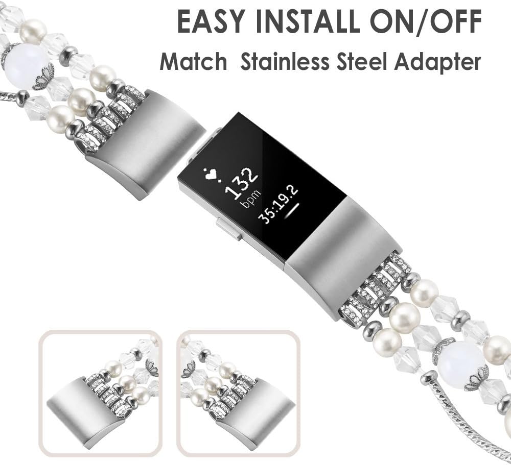 Simpeak 5.8-7.2 Fashion Band Compatible with Fitbit Charge 2 Smartwatch, Elastic Women Beaded Band Replacement for Fitbit Charge 2 Only, White