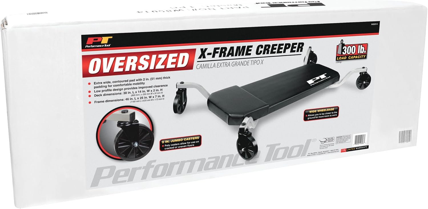 Performance Tool W85014 38 in. Low-Profile Automotive Mechanics Creeper | Oversized x-frame low profile creeper with 2-inch extra cushion padding. 5-inch jumbo swivel casters. 300 lb. capacity