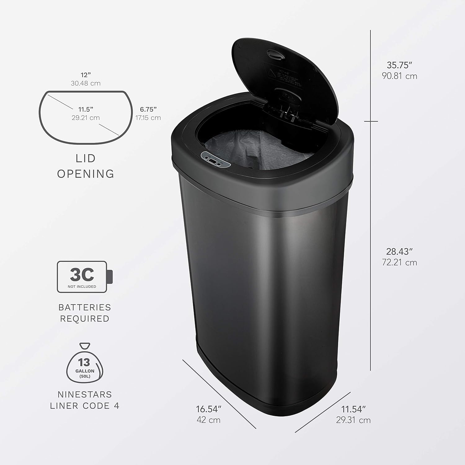 NINESTARS DZT-50-9BK The Original Automatic Motion Sensor Trash Can, 13.2 Gal. / 50 L., Black