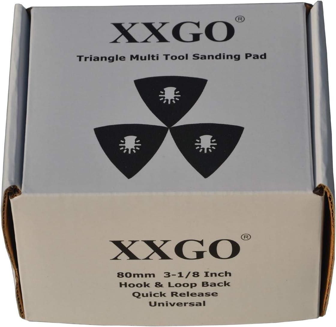 XXGO 55 Pcs 80mm 3-1/8 Inch Triangular Oscillating Multi Tool Sanding Pads | Assorted Grit , Hook & Loop Design , Strong Velcro , Best for Metal Wood Sanding