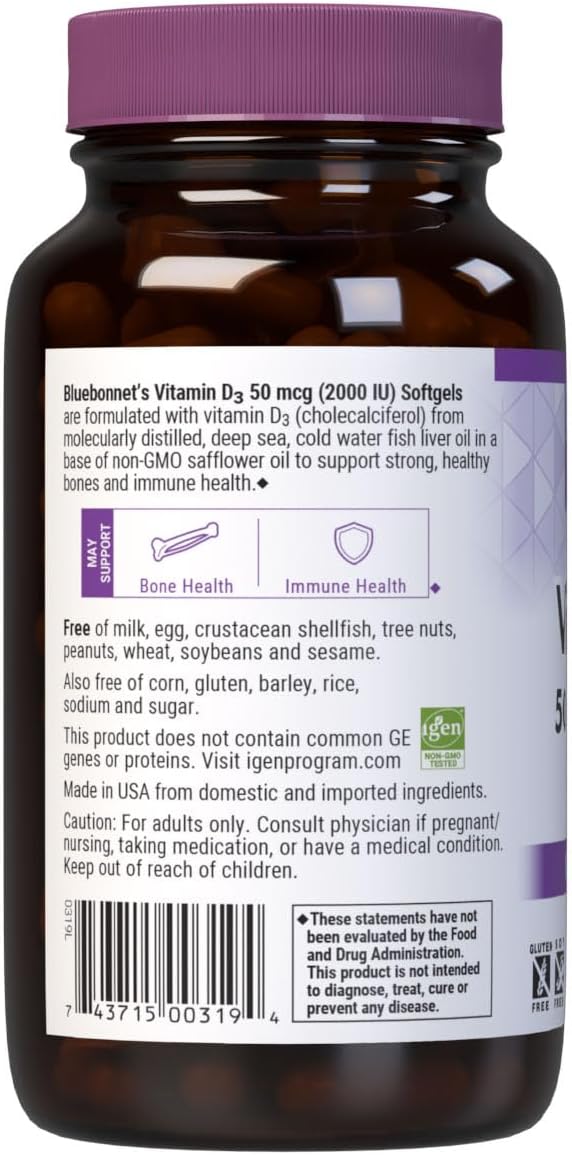 Bluebonnet Nutrition Vitamin D3 2000 IU50 mcg High Potency Immune Support