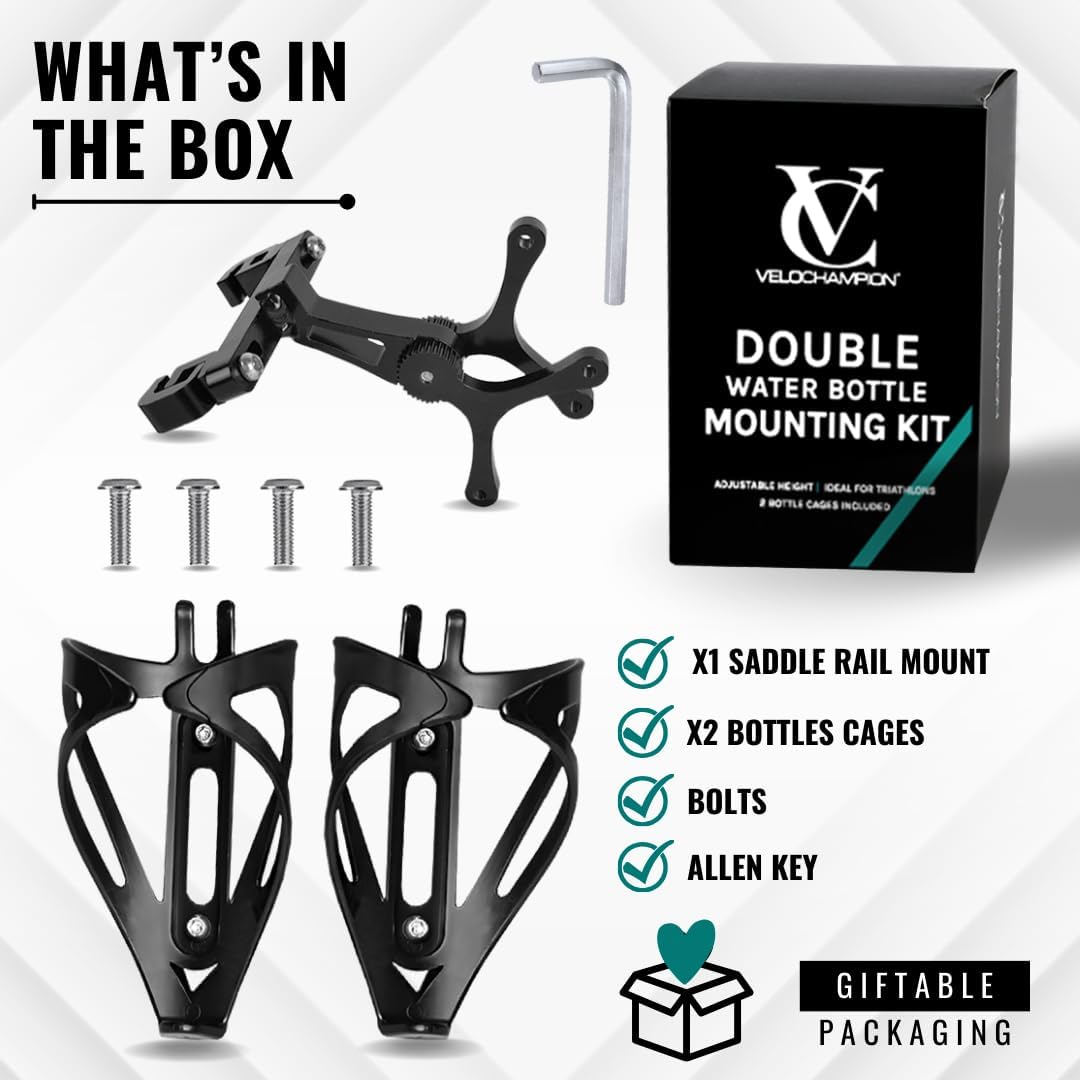 VeloChampion Universal Bike Water Bottle Holder Mount & 2 Cages, Standard | Rear Bike Saddle Bottle Cage Mount for Triathlon & Road Cycling. Holds 2 Bottles up to 750ml, Fits Saddle Rails 50-80mm