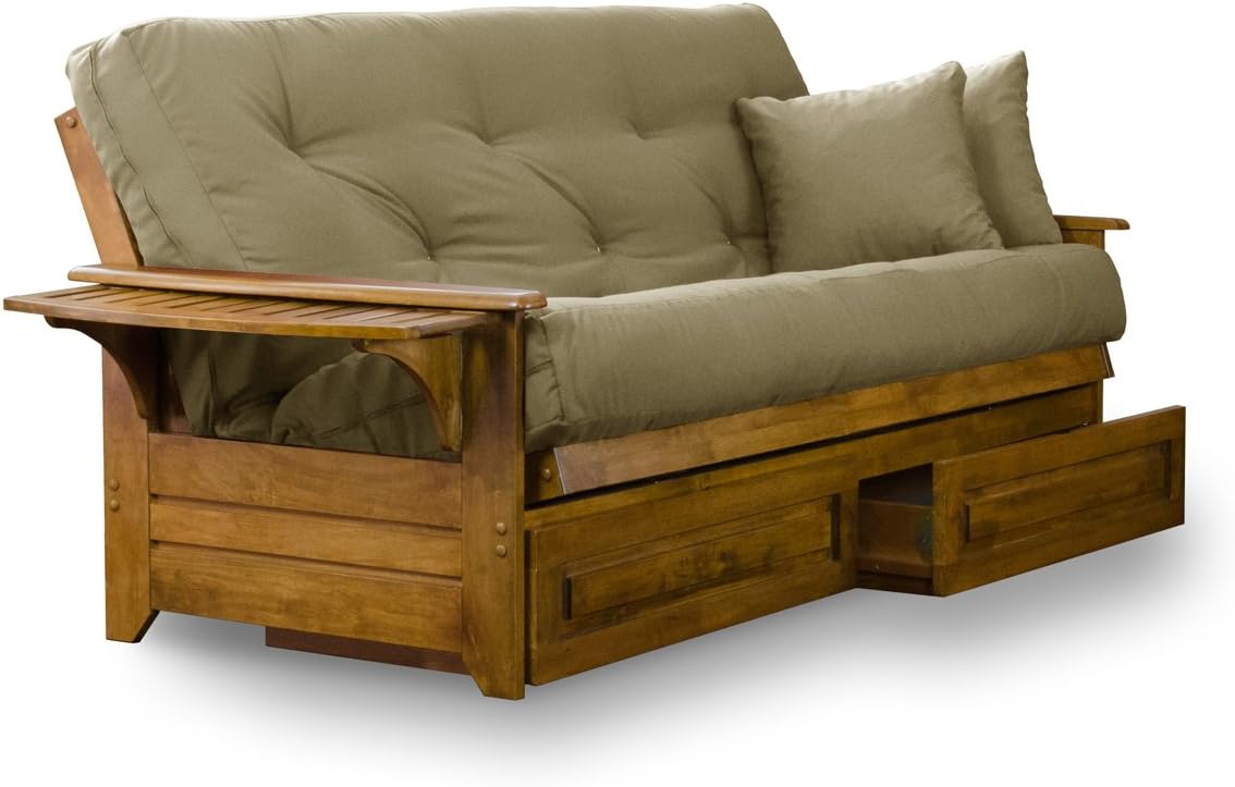 Brentwood Tray Arm Futon Frame, Drawers, and Khaki Mattress Set - Queen, Rich Heritage Finish