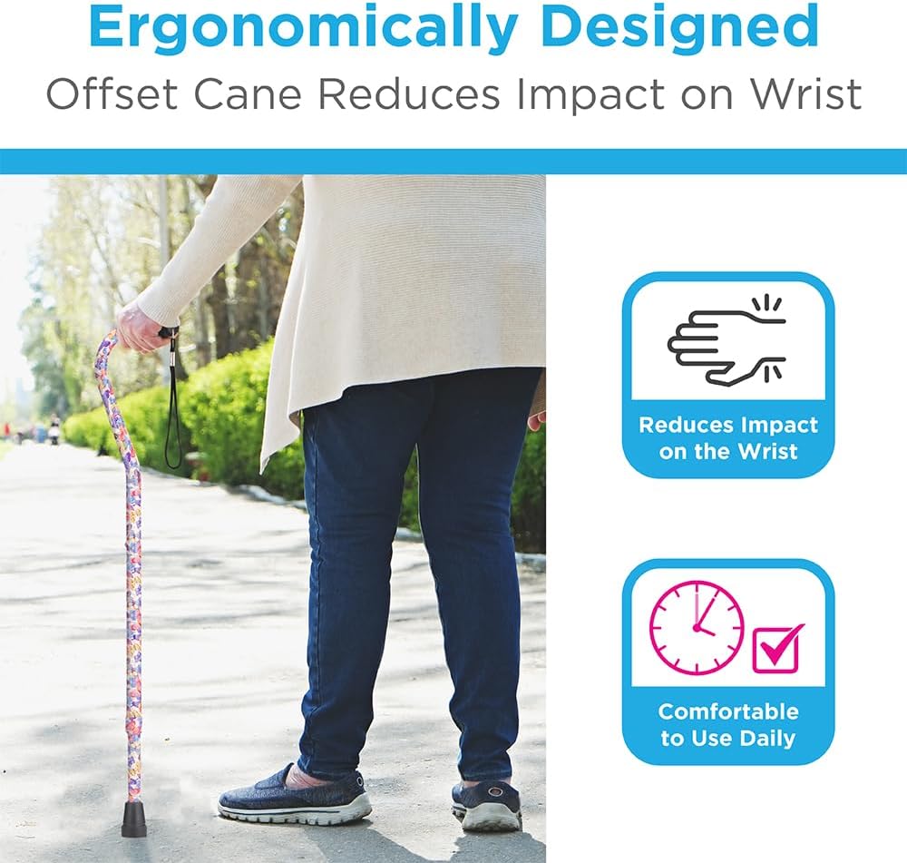 NOVA Designer Walking Cane with Offset Handle, Lightweight Adjustable Walking Stick with Carrying Strap, “Maui Flowers” Design