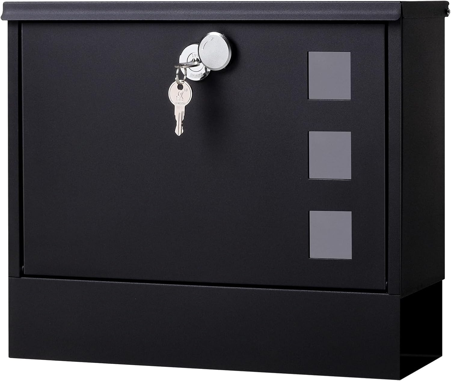 Locking Mailbox Wall Mount for Outside– Jssmst Mailboxes with Key Lock for Front Door Fence, Large Capacity Letter Box, 14.3 x 4.1 x 11.8 Inch, Black, SM-HPB911BN