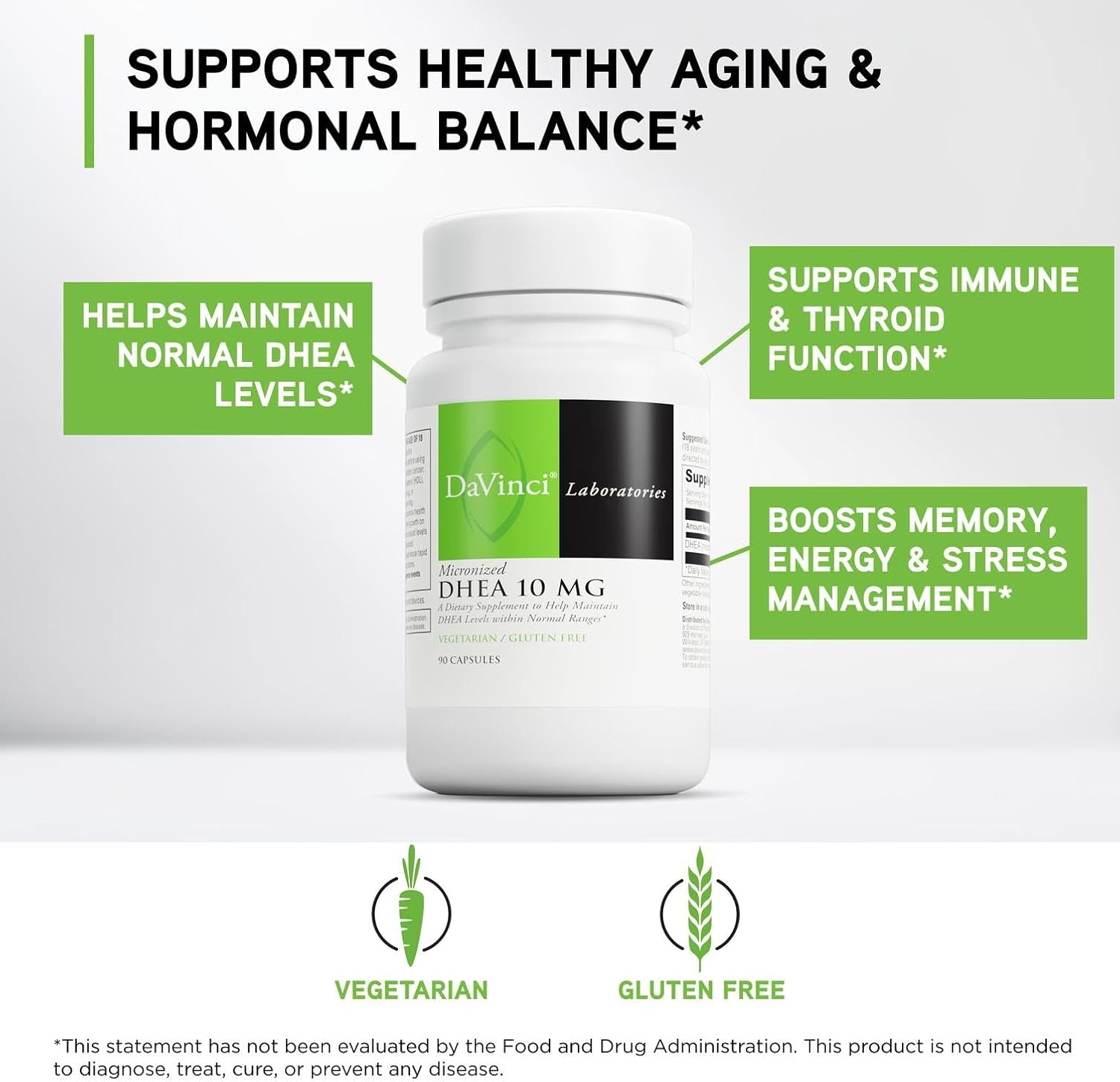 DAVINCI Labs Micronized DHEA 10mg - Helps to Support Healthy Aging, Hormone Balance, Brain Health, Thyroid Function & More - Vegetarian, Gluten-Free - 90 Capsules