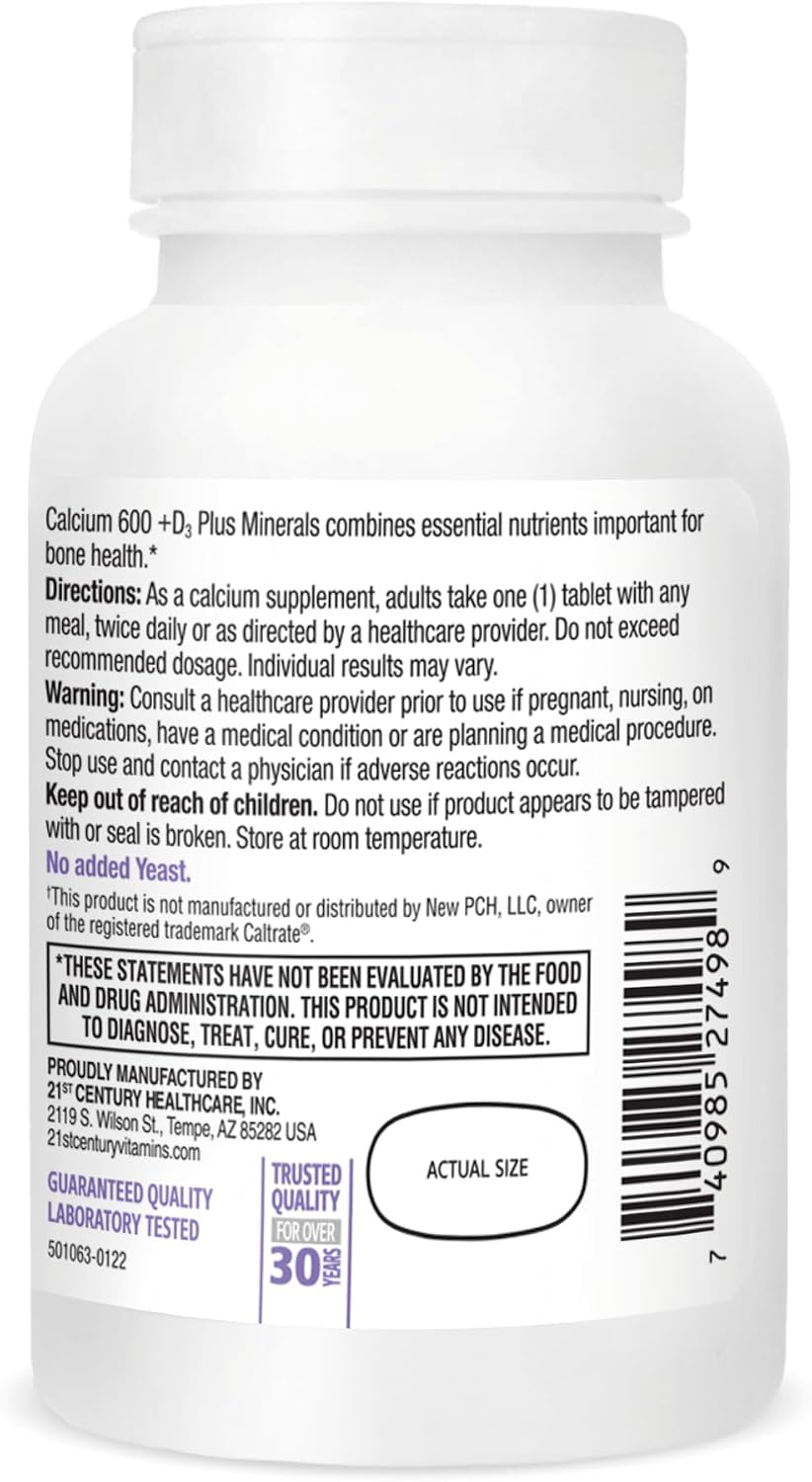 21st Century Calcium 600 Plus D Plus Minerals Caplets, Bone & Joint, 120 | Calcium 600 mg with Vitamin D3 & Essential Minerals