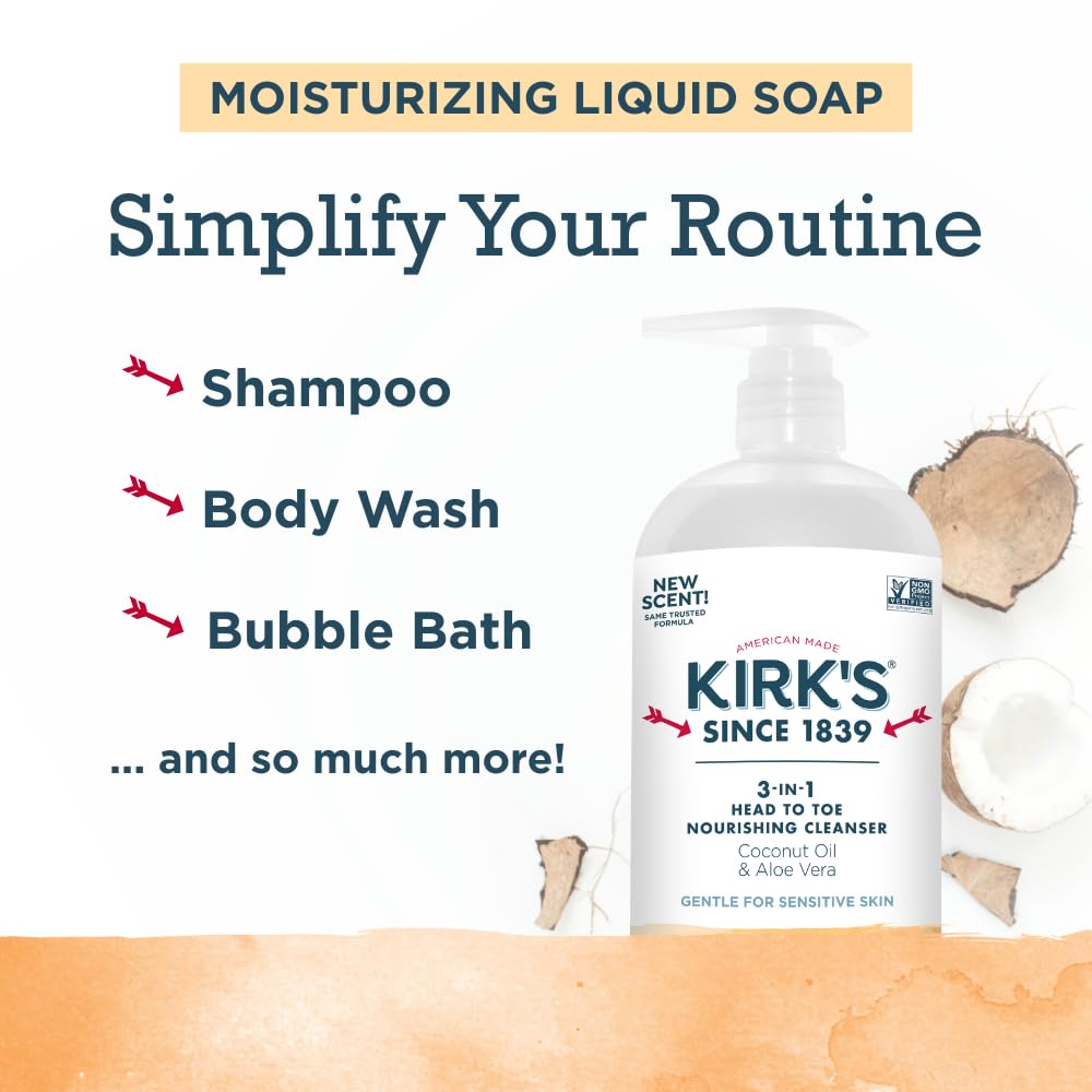 Kirk's Juniper & Lime​ 3-in-1 Nourishing Cleanser, Shampoo Body Wash Bubble Bath, Coconut Oil and Aloe Vera, Vegan Non-GMO, 32 Fl Oz