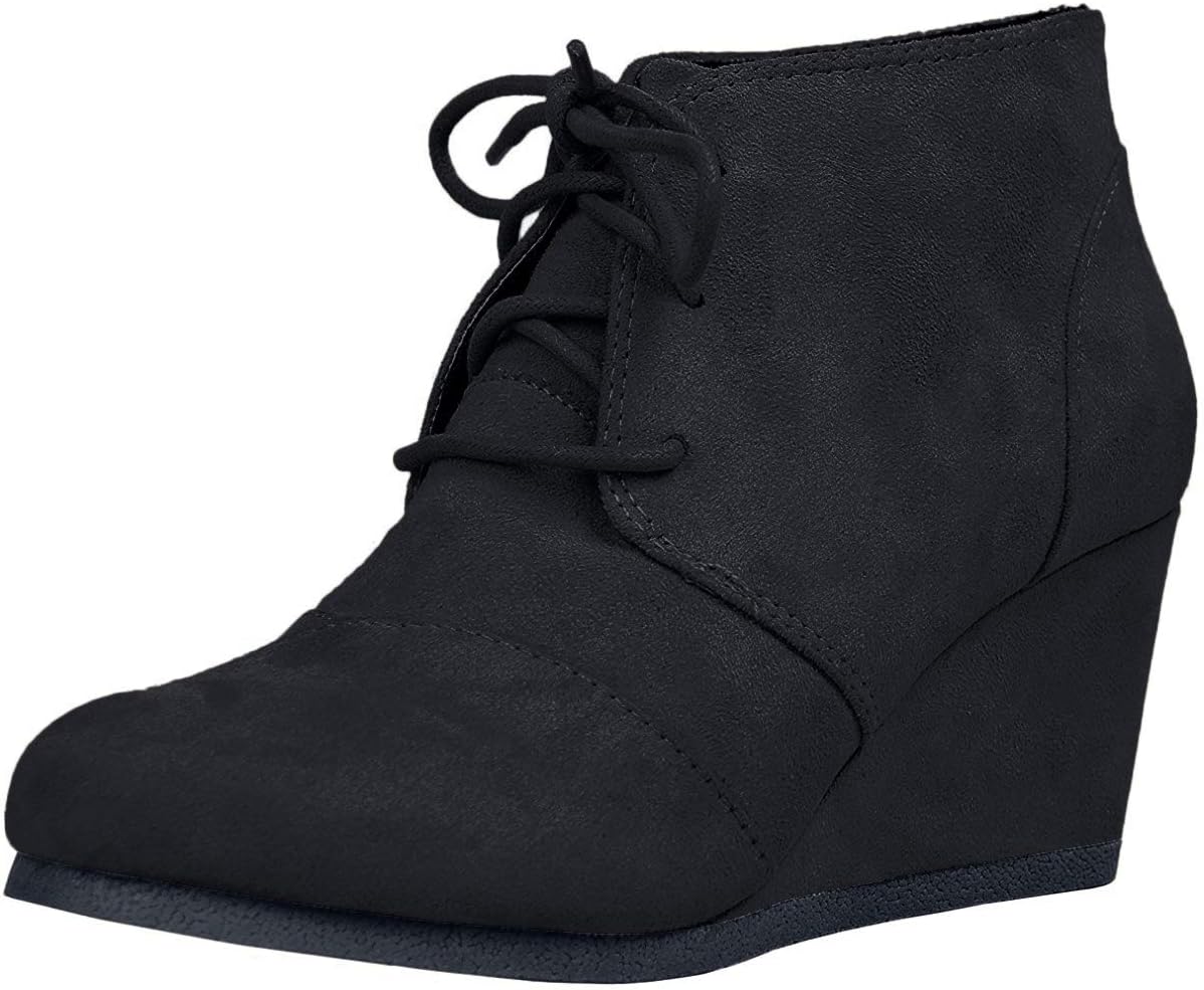 Soda “REX” ~ Women Lace Up Rounded Toe Low Wedge Ankle Bootie