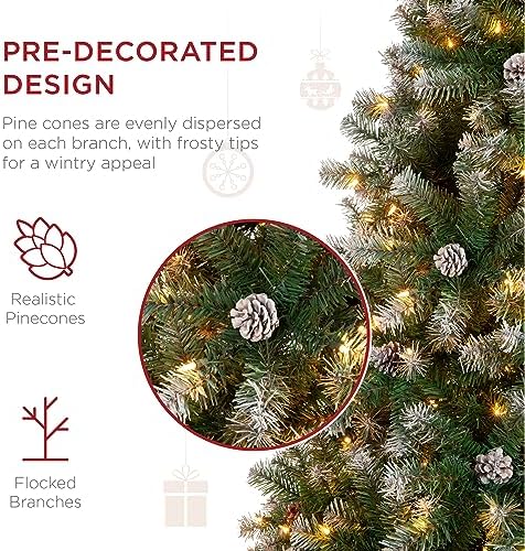 Best Choice Products 7.5ft Pre-Lit Pre-Decorated Pine Artificial Christmas Tree w/Twinkling LEDs, 1, 346 Flocked Frosted Tips, 80 Pinecones