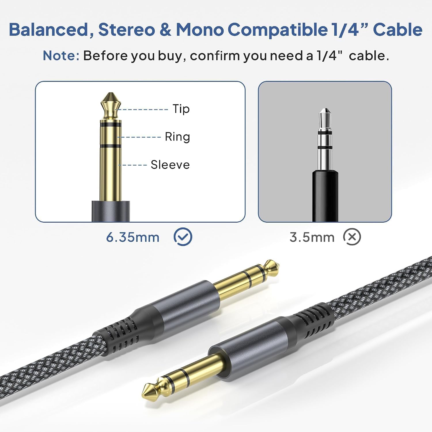 Elebase 1/4 Inch TRS Instrument Cable 10FT 2Pack,6.35mm Male Guitar Cord 3M