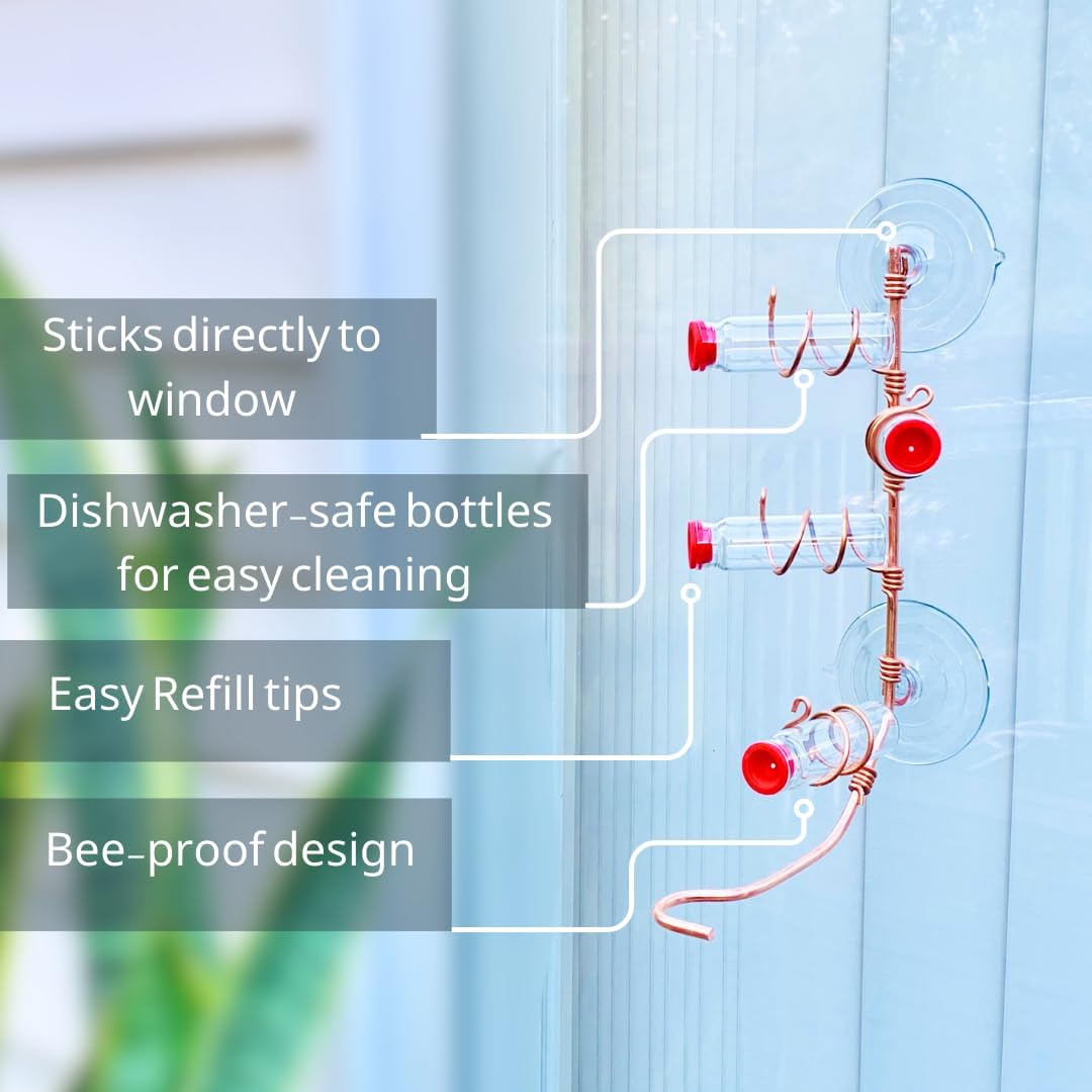 Window Hummingbird Feeder | Handcrafted Copper and Aluminum | Multiple Stations | Modern Hummingbird Feeder | Glass Bottles | Suction Cups (Copper, Four Station)