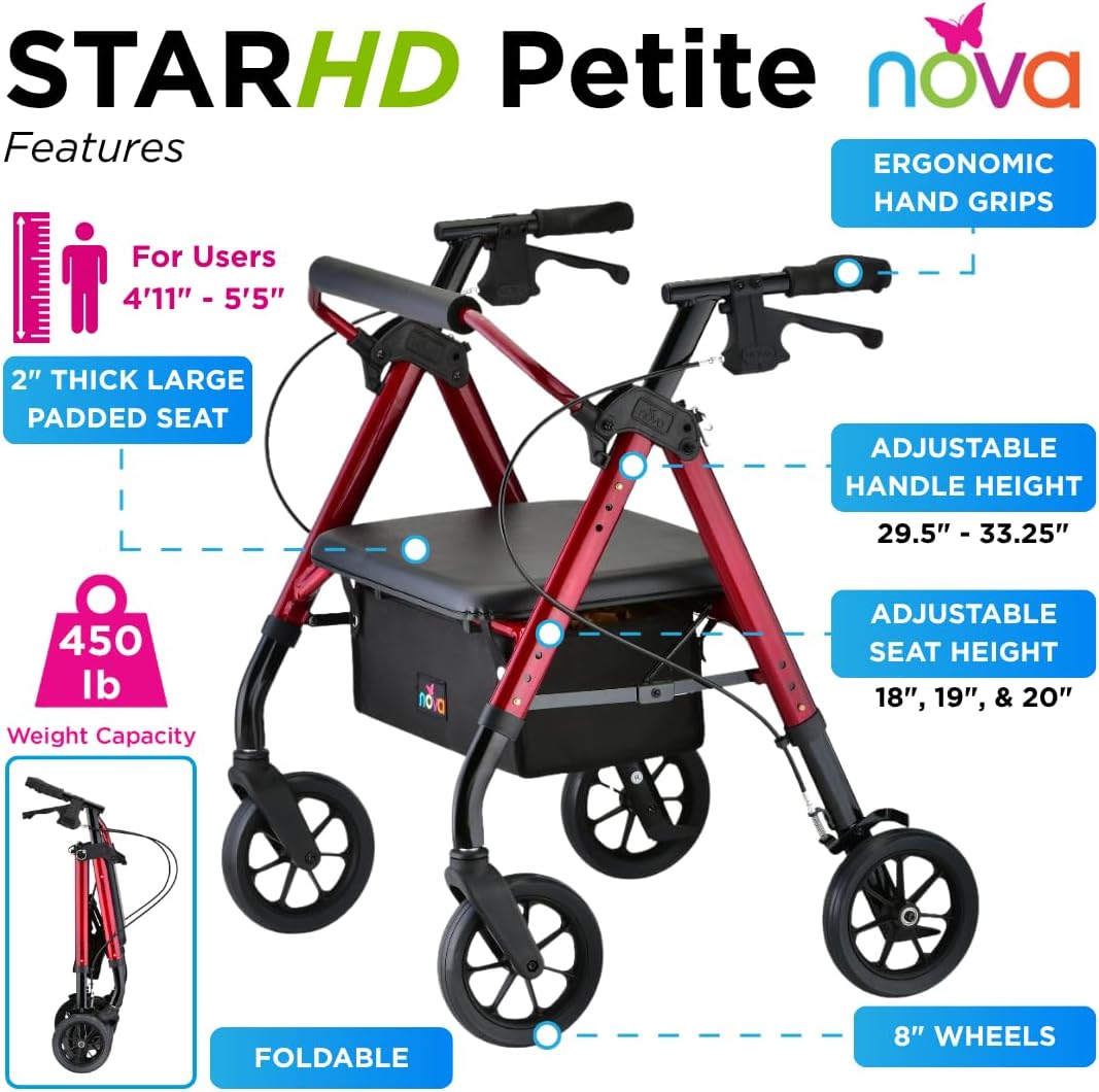 NOVA Star Heavy Duty Petite Rollator Walker with Large Padded Seat, 8" All-Terrain Wheels, Locking Hand Brakes, Height Adjustable