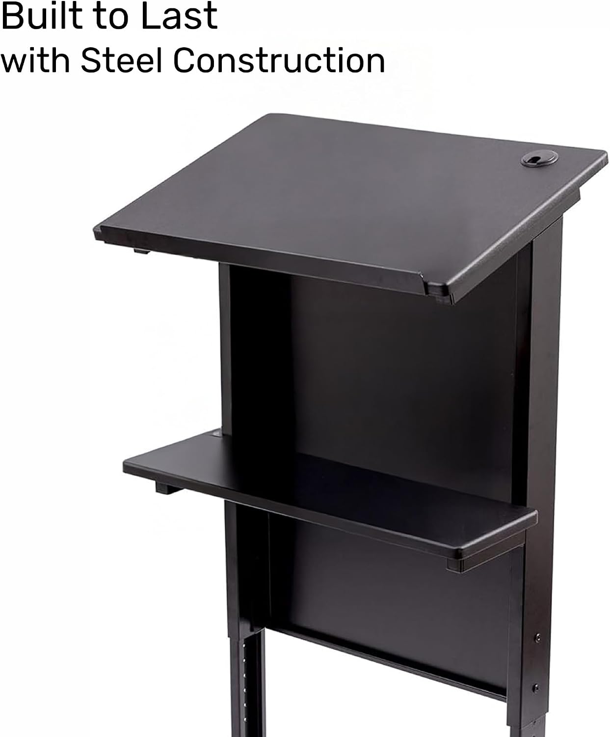 Stand Up Adjustable Height Lectern Podium | Rolling Desk with Storage Shelf | Ergonomic Standing Desk Frame for Office, Classroom, Laptop, Teaching, Presentations & More (Dark Walnut)