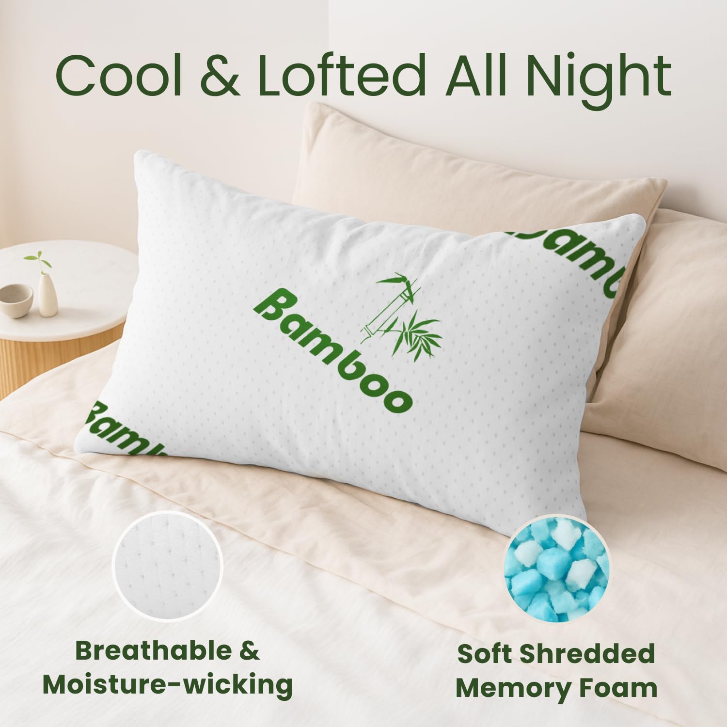 Memory Foam Pillows Queen Size Set of 2 - Cooling Bed Pillows for Sleeping - Back, Stomach, Side Sleeper Firm, Comfy Cool Shredded - 2 Pack, Rayon Derived from Bamboo