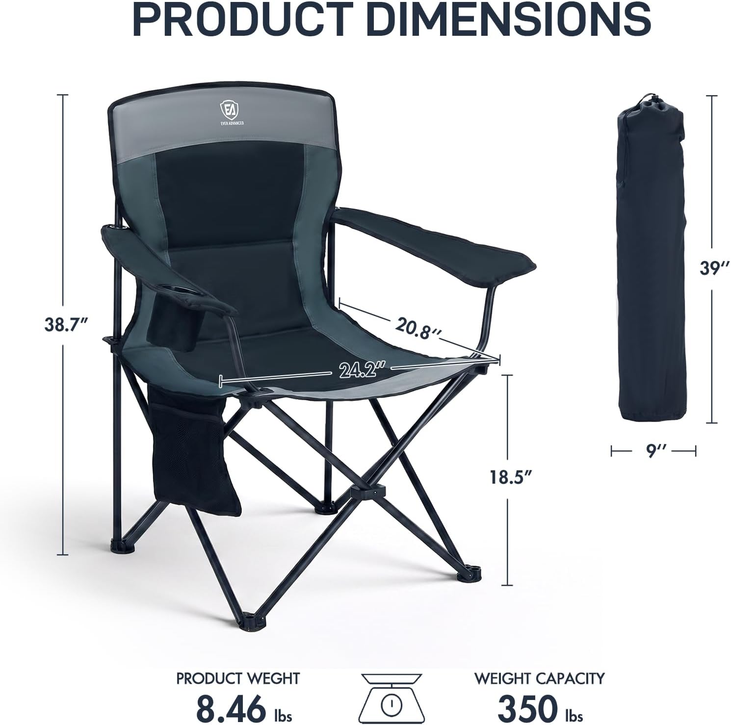 EVER ADVANCED High Back Folding Camping Chair Oversized and Fully Padded, Portable Quad Camp Lawn Chair Up to 400 lbs, with Cup Holder Armrest Carrying Bag