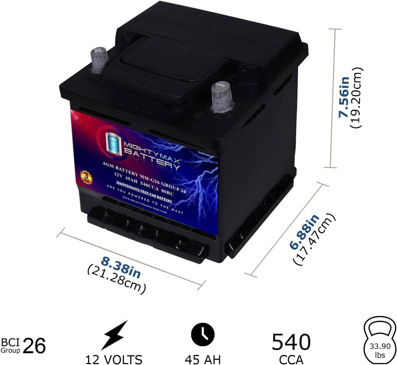 Mighty Max Battery MM-H8 Start and Stop Car BCI Group 49 12V 95Ah, 160RC, 900 CCA Rechargeable AGM Car Battery