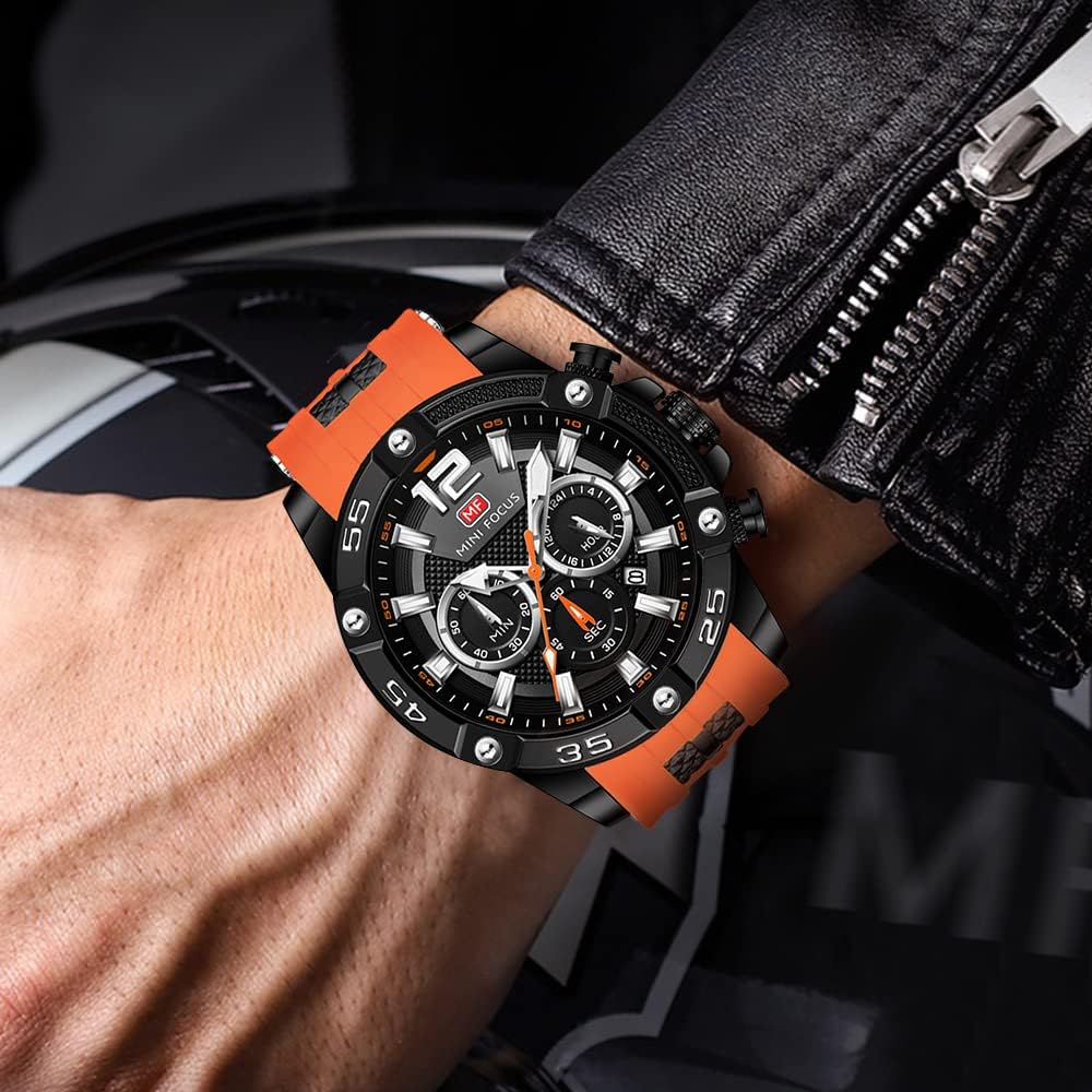 MF MINI FOCUS Men Watch, Chronograph Waterproof Sport Analog Quartz Watches Blue Silicon Strap Fashion Wristwatch for Men
