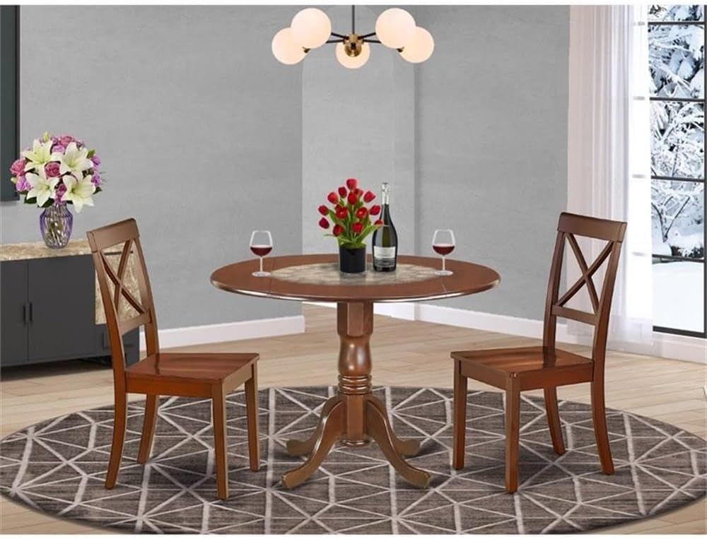 East West Furniture DLBO3-WHI-W 3 Piece Dining Room Table Set Contains a Round Kitchen Table with Dropleaf and 2 Dining Chairs, 42x42 Inch, Linen White