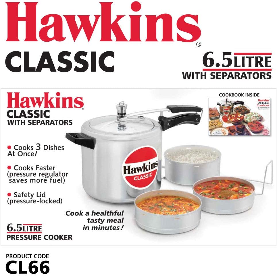 Hawkins 6.5 Litre Classic Pressure Cooker with Pots, Inner Lid Cooker with Separator Set, Silver (CL66)