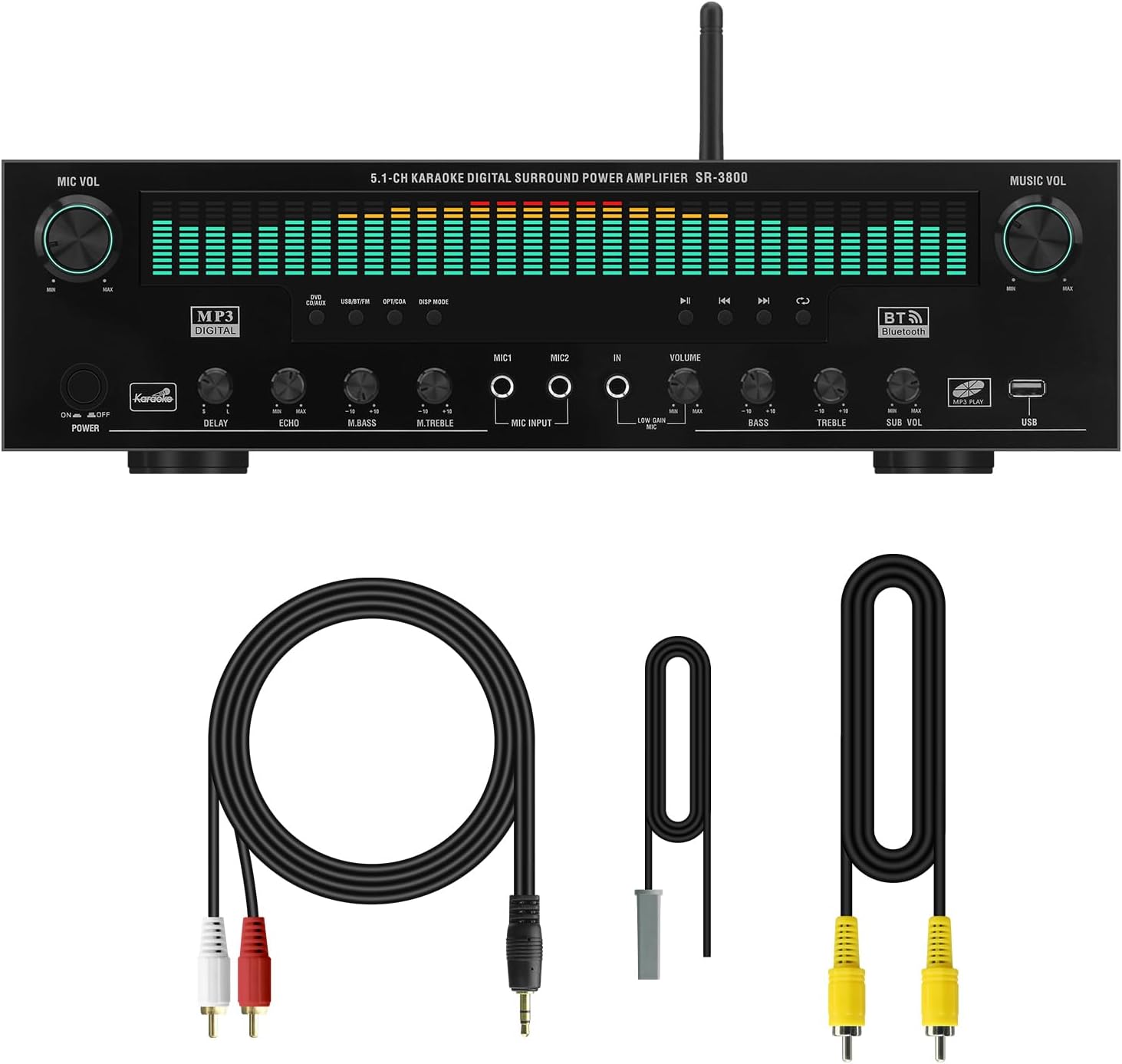5.1 Channel Karaoke Amplifier with Mic Input, Home Audio Surround Sound Amplifier with Optical, Coaxial & RCA Inputs, Subwoofer Support for TV