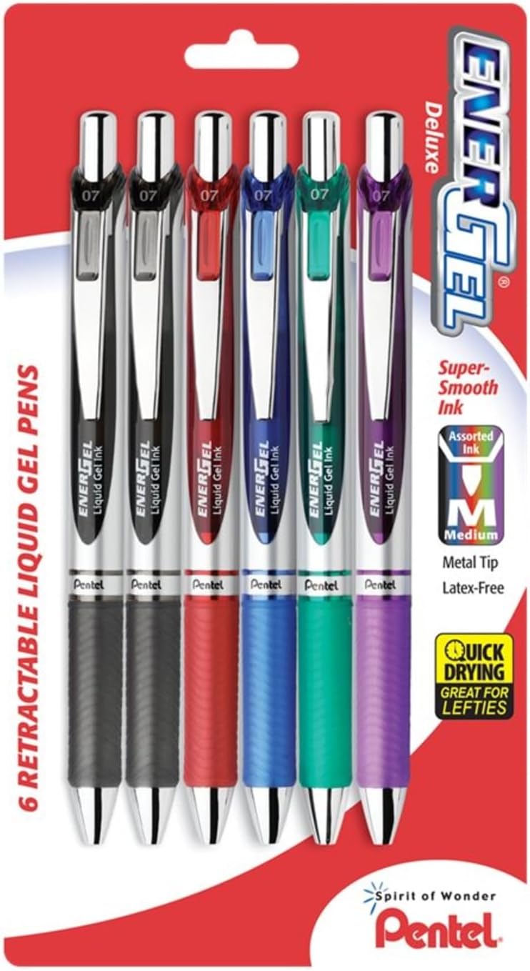 Pentel EnerGel RTX Retractable Liquid Gel Pen, (0.7mm), Medium Line, Metal Tip, Black Ink, Pack of 6 (BL77BP6A)