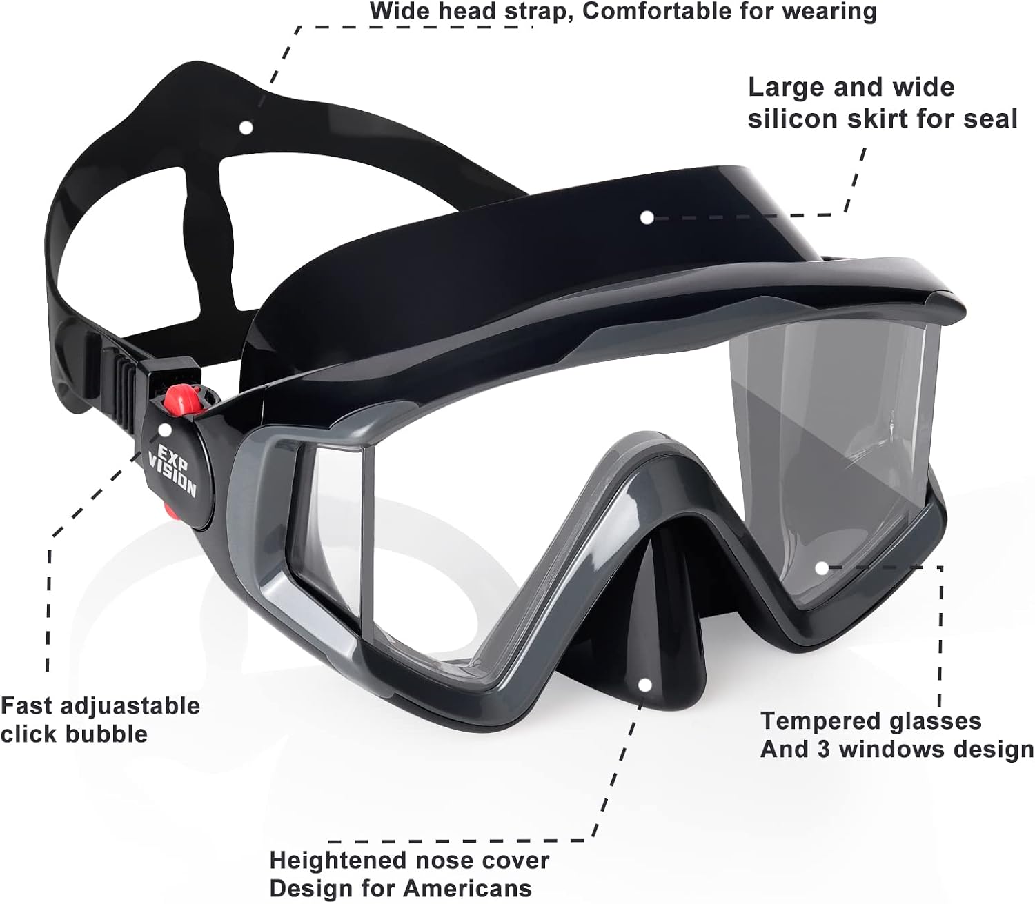 Adult Pano 3 Scuba Diving Mask, Tempered Glass Snorkel Mask Anti-Fog Swim Mask No Leakage Swim Goggles with Nose Cover Snorkeling Gear for Snorkeling