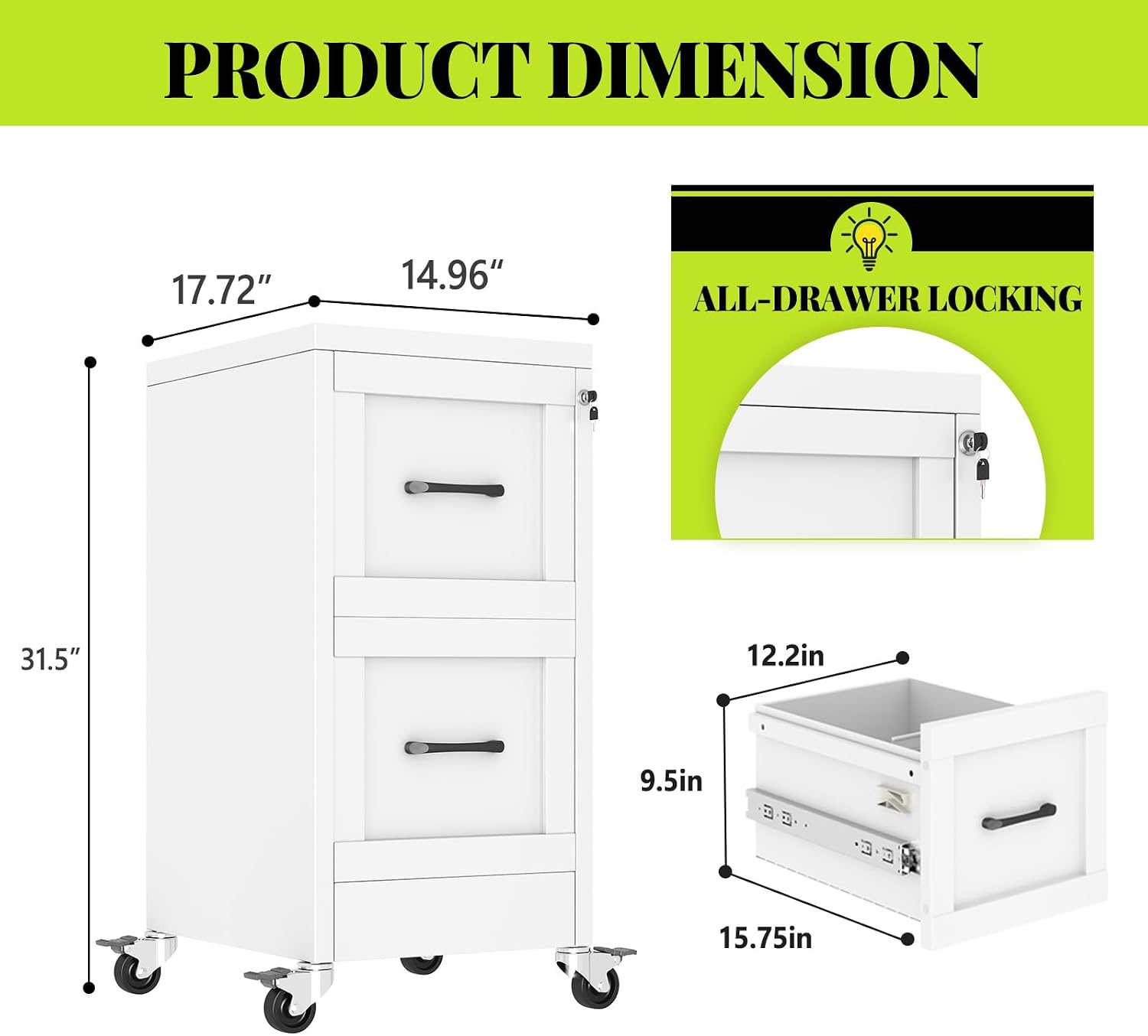 3 Drawer File Cabinet, Office Mobile Filing Cabinet, Printer Stand | All-in-One Office Storage, 3 Storage Drawers, 2 Adjustable Shelves, Lockable Cabinet, 4 Casters, 46.5-Inch Top