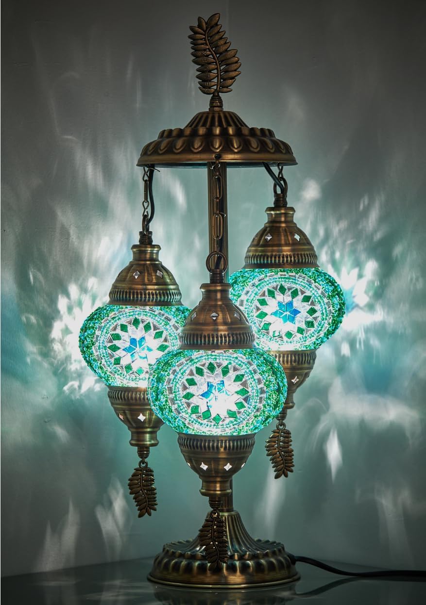 DEMMEX 3-Globe Turkish Moroccan Table Lamp, Tiffany Mosaic Glass Bedside Night Light, Handmade Colorful Mosaic Glass Globes & Antique Brass Finish Base, 21" H, Multicolor