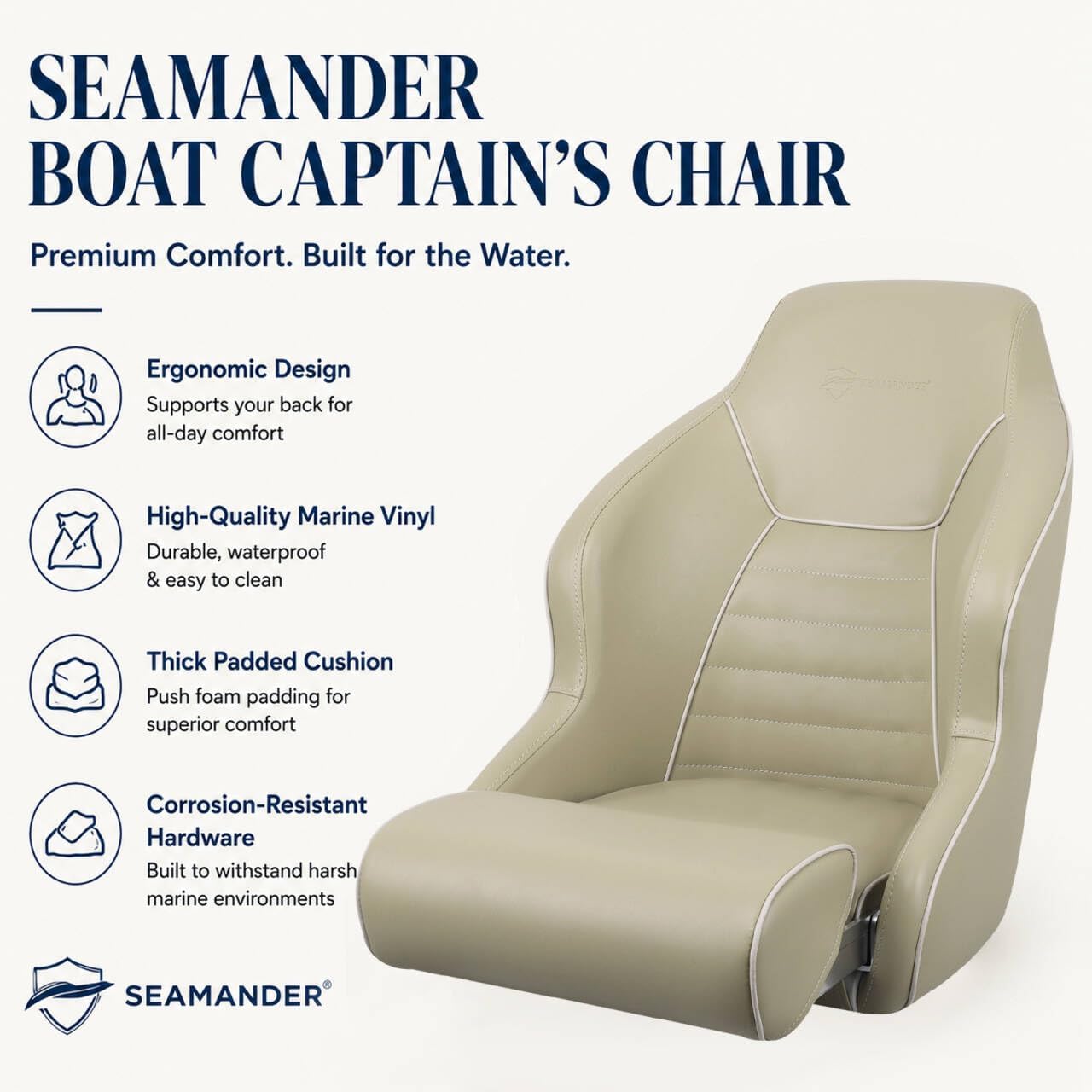 Seamander Boat Captains Chair,Captain Bucket Seat with Flip Up Bolster,Integral Rotomolded Frame, Premium EPDM Foam Material, Marine Grade Vinyl (A-White/Charcoal)