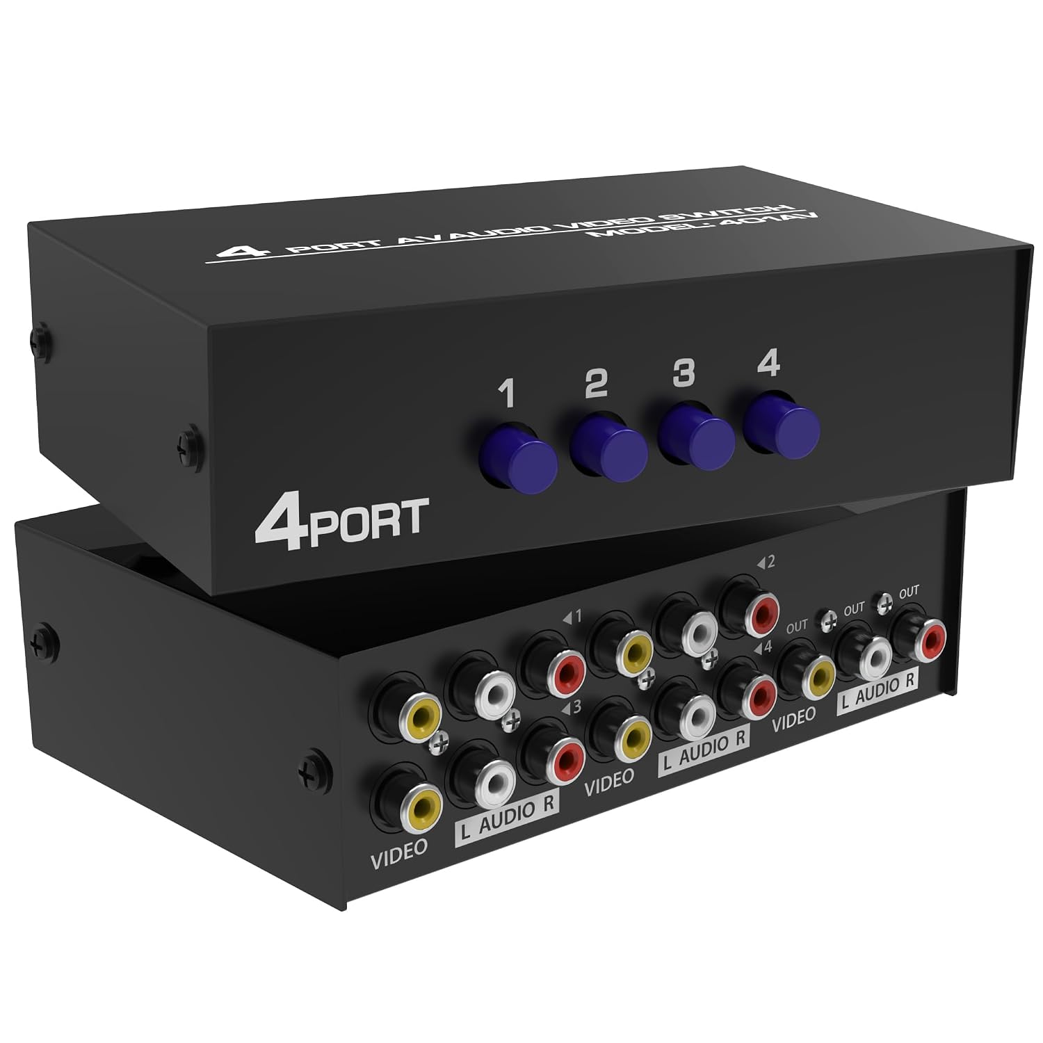 Fosmon 4-Way RCA Splitter AV Switcher 4 in 1 Out Audio Video Selector Box | 4 in 1 out female 4-way RCA composite AV switcher selector switch box with cable for HDTV STB DVD retro game consoles.