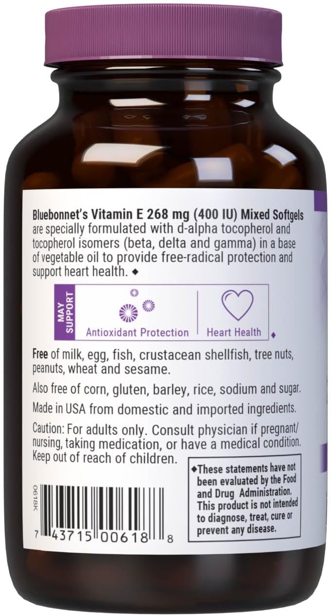 Bluebonnet Nutrition Vitamin E 400 IU (268 mg) Mixed Tocopherols Softgels, Free Radical Portection & Cardiovascular Support, Gluten-Free, Dairy-Free