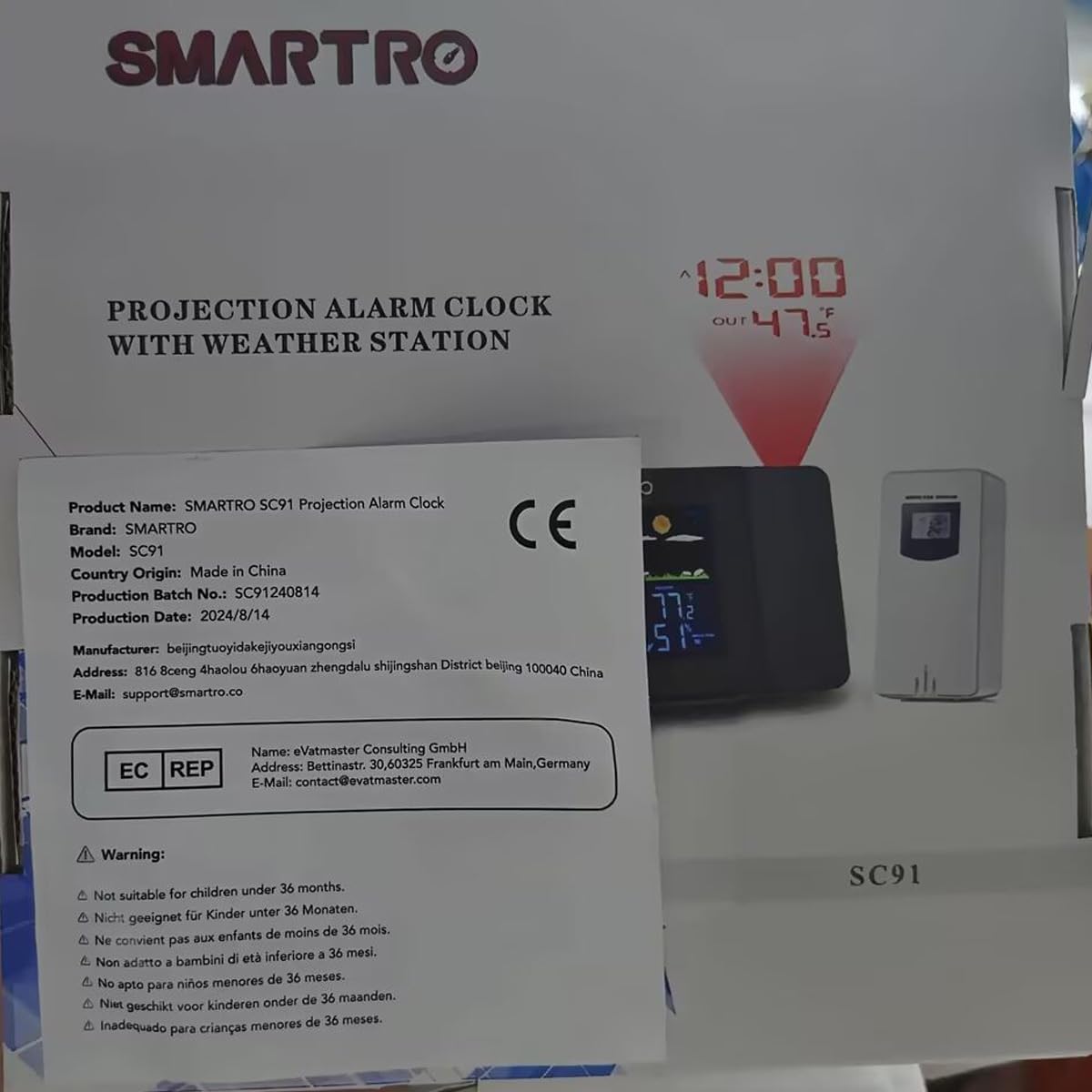 SC91 Projection Alarm Clock for Bedrooms with Weather Station | Wireless Indoor Outdoor Thermometer, Temperature Humidity Monitor Gauge Hygrometer