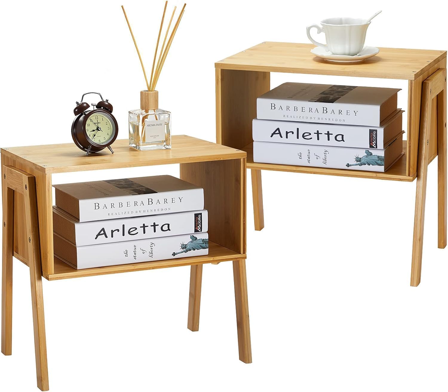 Pipishell Nightstands Set of 2, Bamboo Stackable Bedside Table, Night Stands with Storage Shelf, Small Bed Side Tables, 2-Tier End Table for Bedroom
