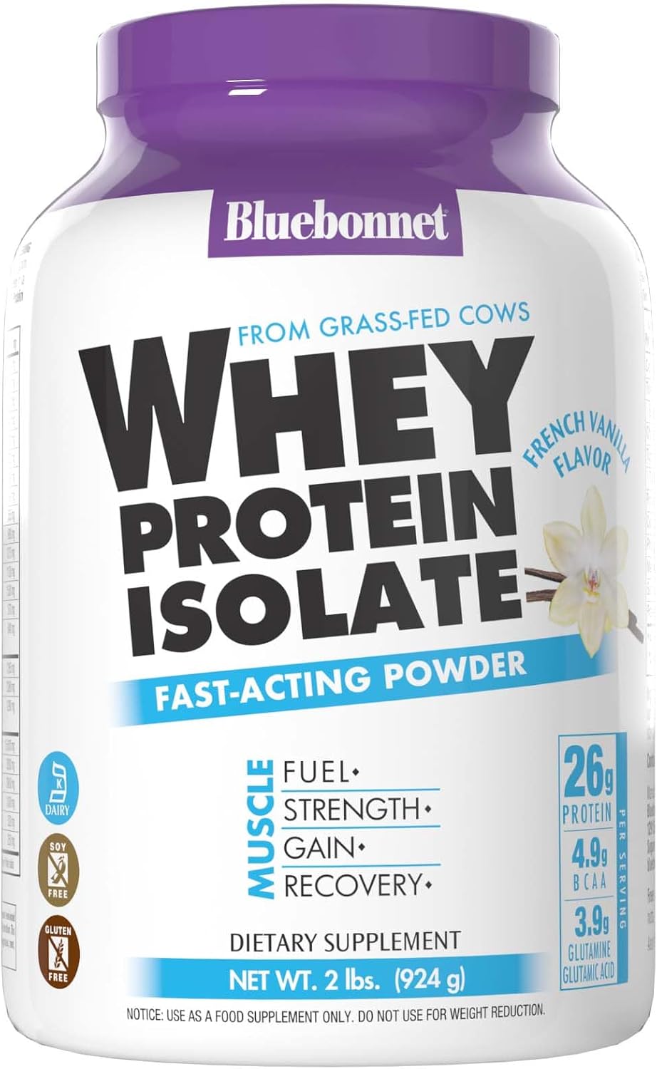 Bluebonnet Nutrition Whey Protein Isolate Powder, Whey from Grass Fed Cows, 26 Grams of Protein, No Sugar Added, Gluten Free, Soy Free, Kosher Dairy, 2.2 lbs, 32 Servings, Original Unflavored | Kosher