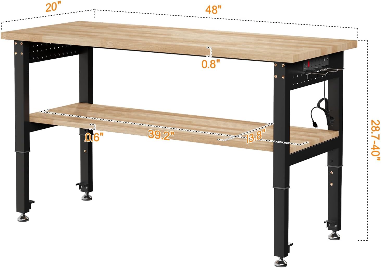 SPECRAFT Adjustable Black Heavy-Duty Workbench | 2000 Lbs Capacity, Rubber Wood Top, 4 AC Outlets and 2 USB Ports, for Garage, Workshop and Office