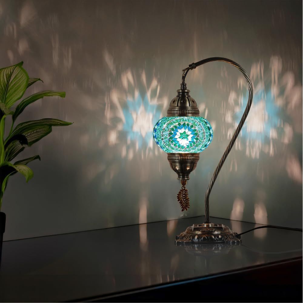 DEMMEX Turkish Table Lamp Moroccan Bedside Light Handmade Tiffany Mosaic Glass Boho Artisan Accent Lighting for Bedroom Living Room, Antique Brass Finish – 15" H, Multicolor