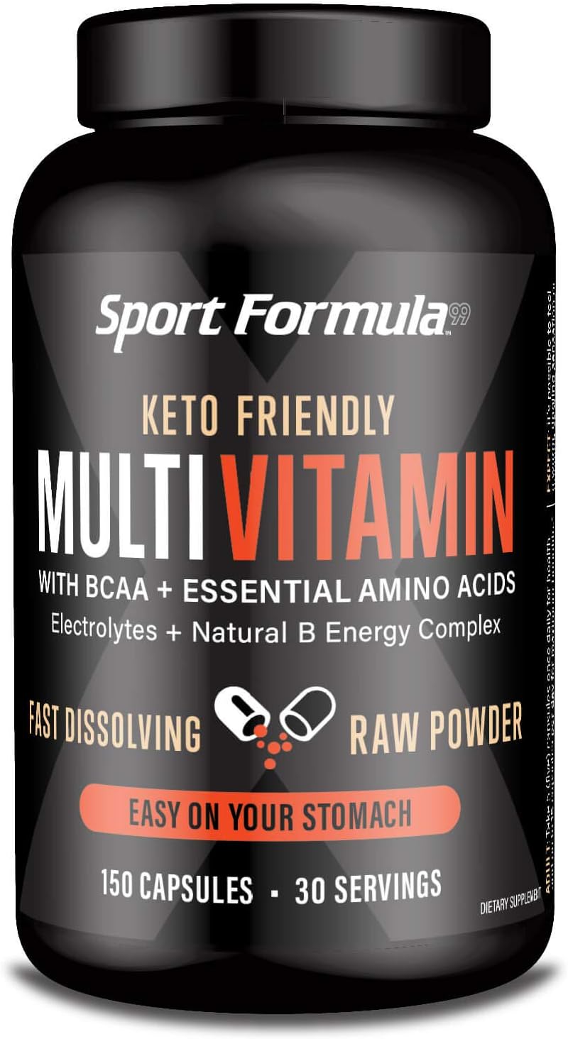 Sport Formula Daily Keto Superfood Multivitamin BCAA Amino Acid Powder Capsules for Men and Women. Won't Upset Your Stomach: Natural Vitamin B